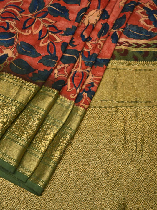 Red Kalamkari Hand Painted Kanchipuram Silk Handloom Saree with Floral Design KL0442