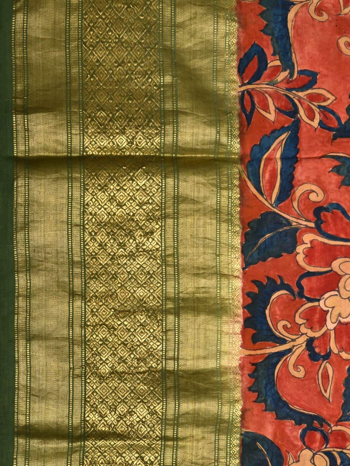 Red Kalamkari Hand Painted Kanchipuram Silk Handloom Saree with Floral Design KL0442
