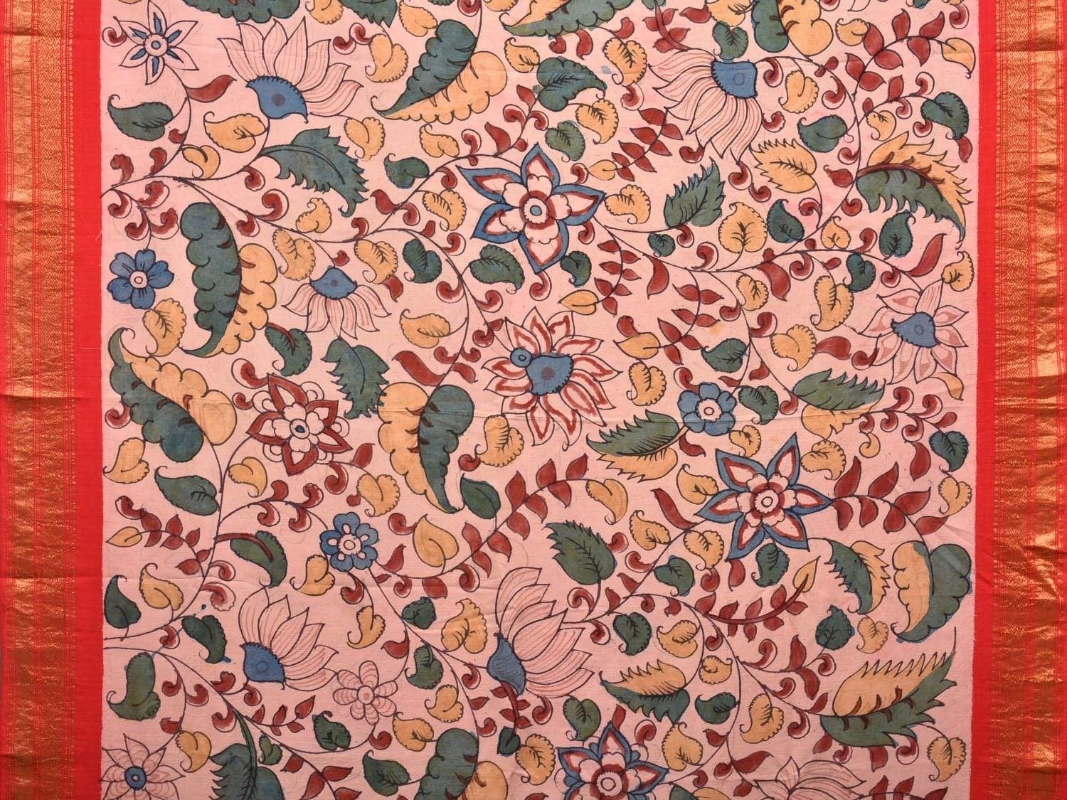 Red Kalamkari Hand Painted Kanchipuram Silk Handloom Saree with Floral Design KL0470