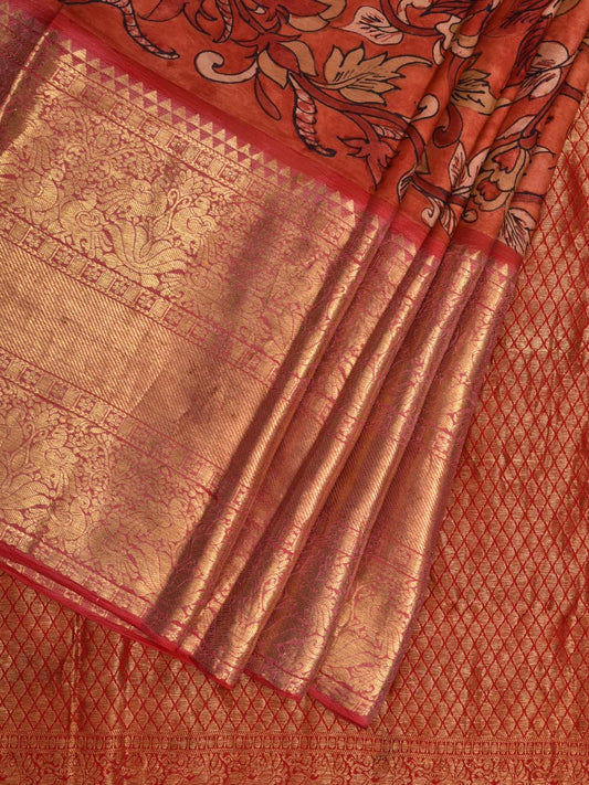 Red Kalamkari Hand Painted Kanchipuram Silk Handloom Saree with Floral Design KL0574