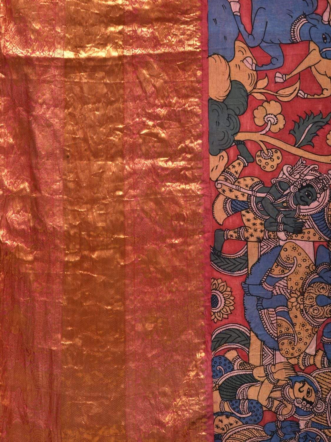 Red Kalamkari Hand Painted Kanchipuram Silk Handloom Saree with Krishna Leela Design KL0531