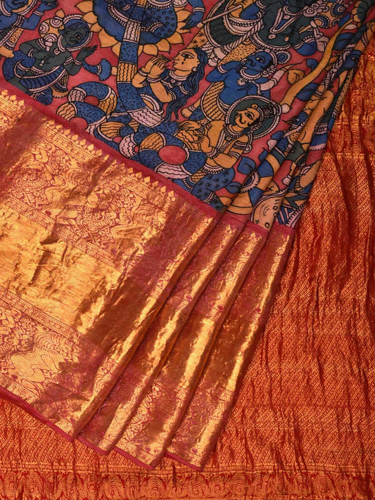 Red Kalamkari Hand Painted Kanchipuram Silk Handloom Saree with Krishna Leela Design KL0531