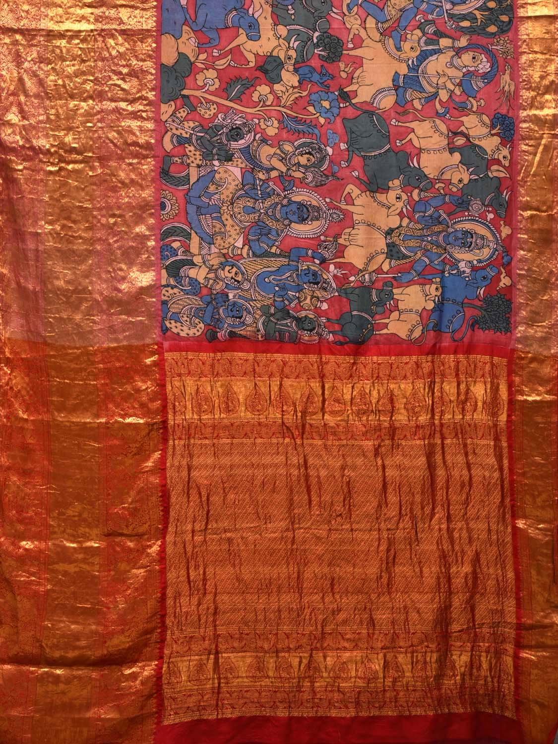 Red Kalamkari Hand Painted Kanchipuram Silk Handloom Saree with Krishna Leela Design KL0531