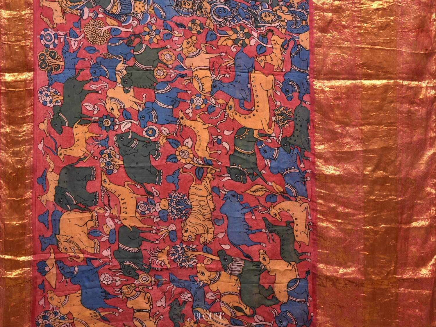 Red Kalamkari Hand Painted Kanchipuram Silk Handloom Saree with Krishna Leela Design KL0531