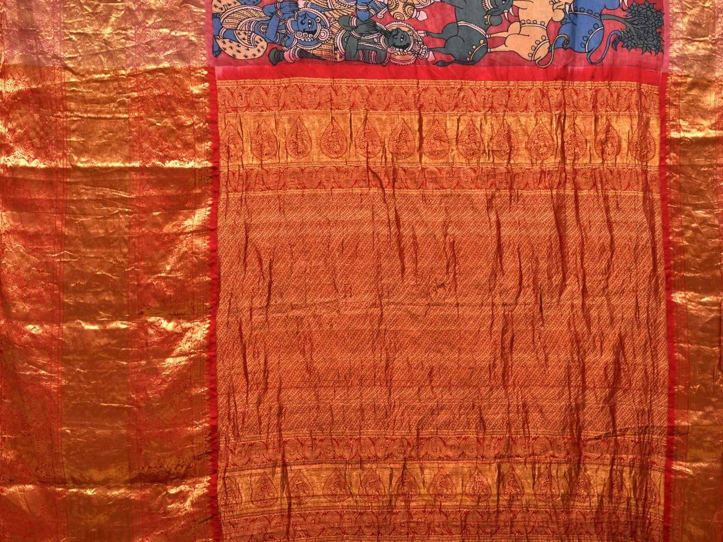 Red Kalamkari Hand Painted Kanchipuram Silk Handloom Saree with Krishna Leela Design KL0531