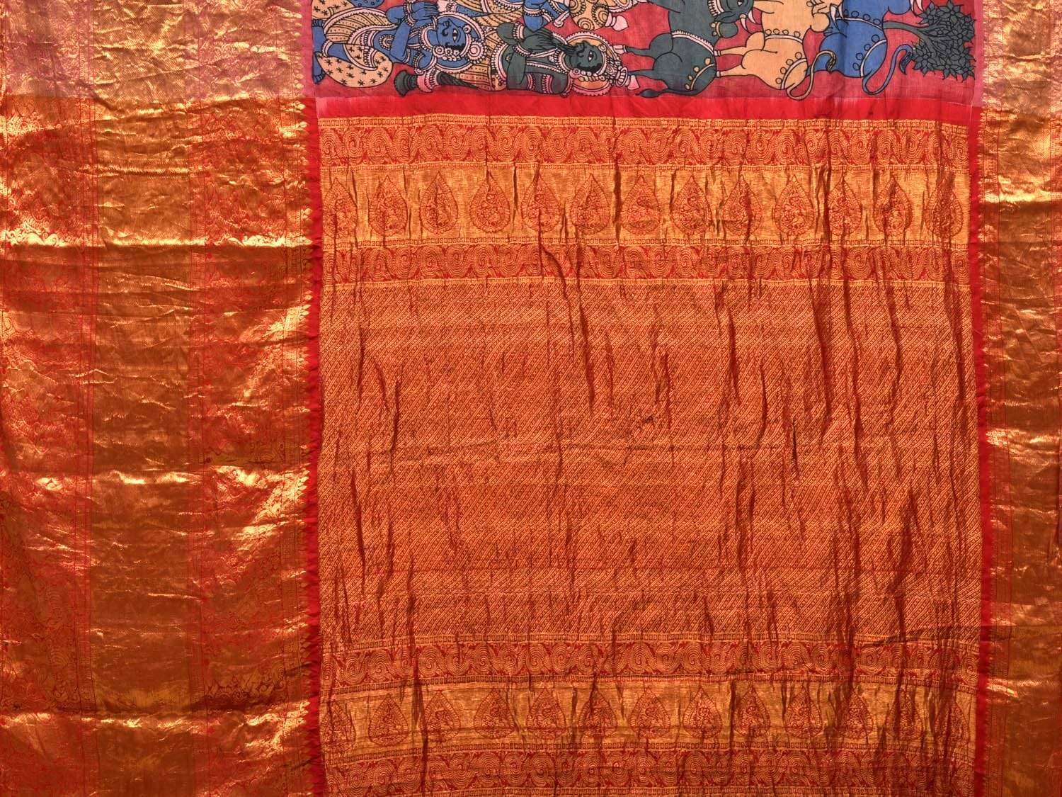 Red Kalamkari Hand Painted Kanchipuram Silk Handloom Saree with Krishna Leela Design KL0531