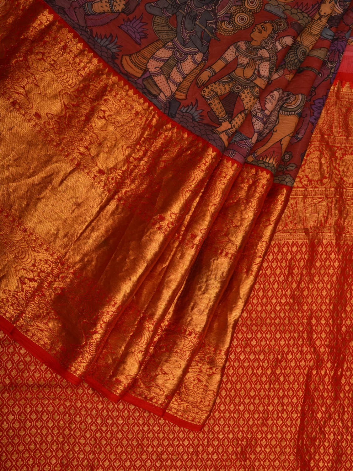 Red Kalamkari Hand Painted Kanchipuram Silk Handloom Saree with Krishna Leela Design KL0672