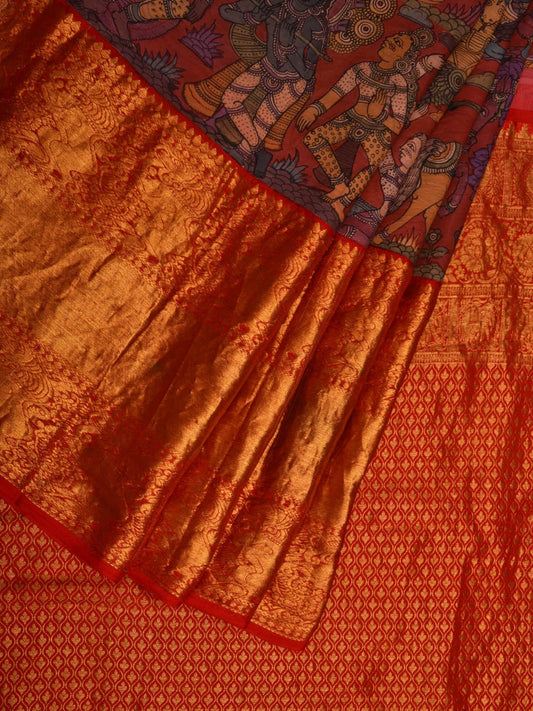 Red Kalamkari Hand Painted Kanchipuram Silk Handloom Saree with Krishna Leela Design KL0672