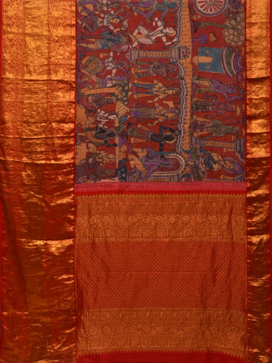 Red Kalamkari Hand Painted Kanchipuram Silk Handloom Saree with Krishna Leela Design KL0672