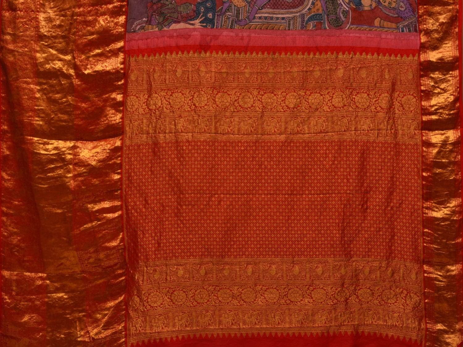 Red Kalamkari Hand Painted Kanchipuram Silk Handloom Saree with Krishna Leela Design KL0672