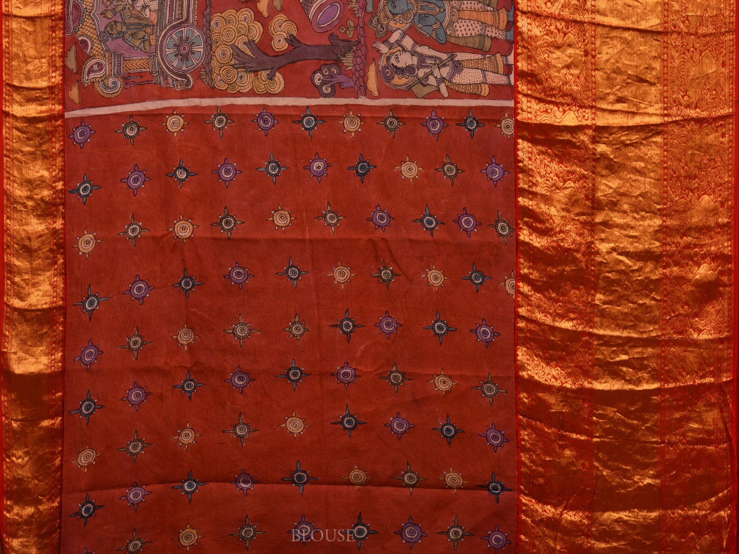 Red Kalamkari Hand Painted Kanchipuram Silk Handloom Saree with Krishna Leela Design KL0672