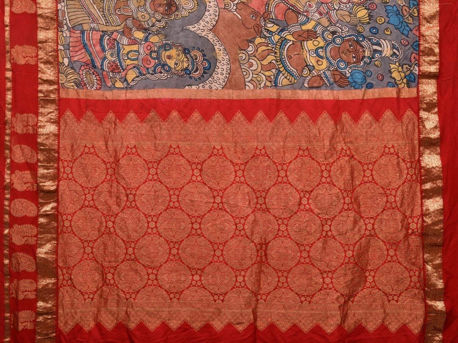 Red Kalamkari Hand Painted Kanchipuram Silk Handloom Saree with Krishna Leena Design KL0505