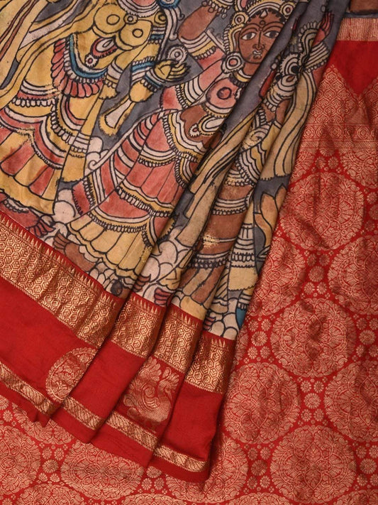 Red Kalamkari Hand Painted Kanchipuram Silk Handloom Saree with Krishna Leena Design KL0505