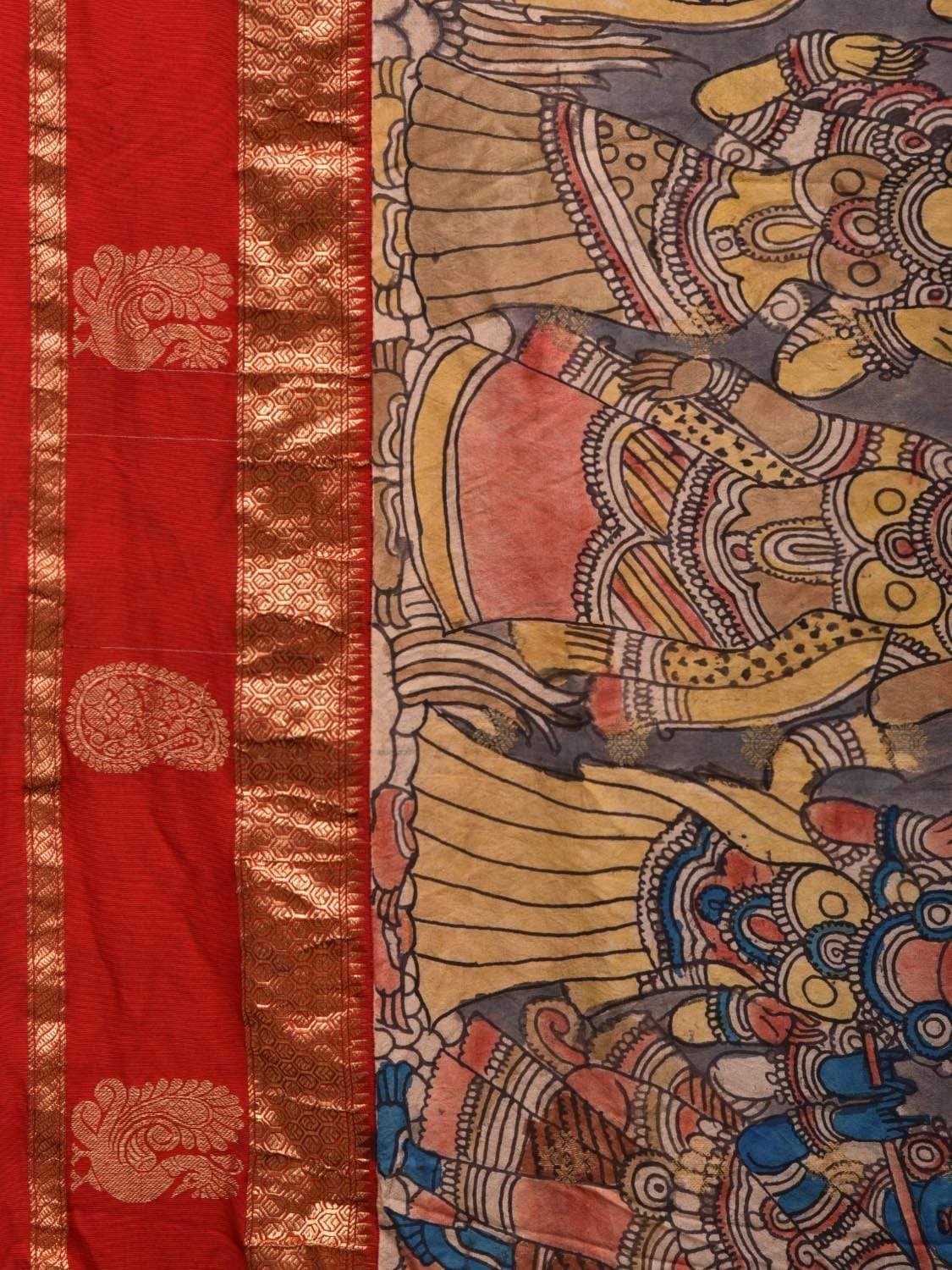 Red Kalamkari Hand Painted Kanchipuram Silk Handloom Saree with Krishna Leena Design KL0505