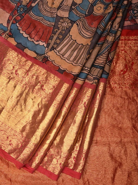 Red Kalamkari Hand Painted Kanchipuram Silk Handloom Saree with Krishna Leena Design KL0507