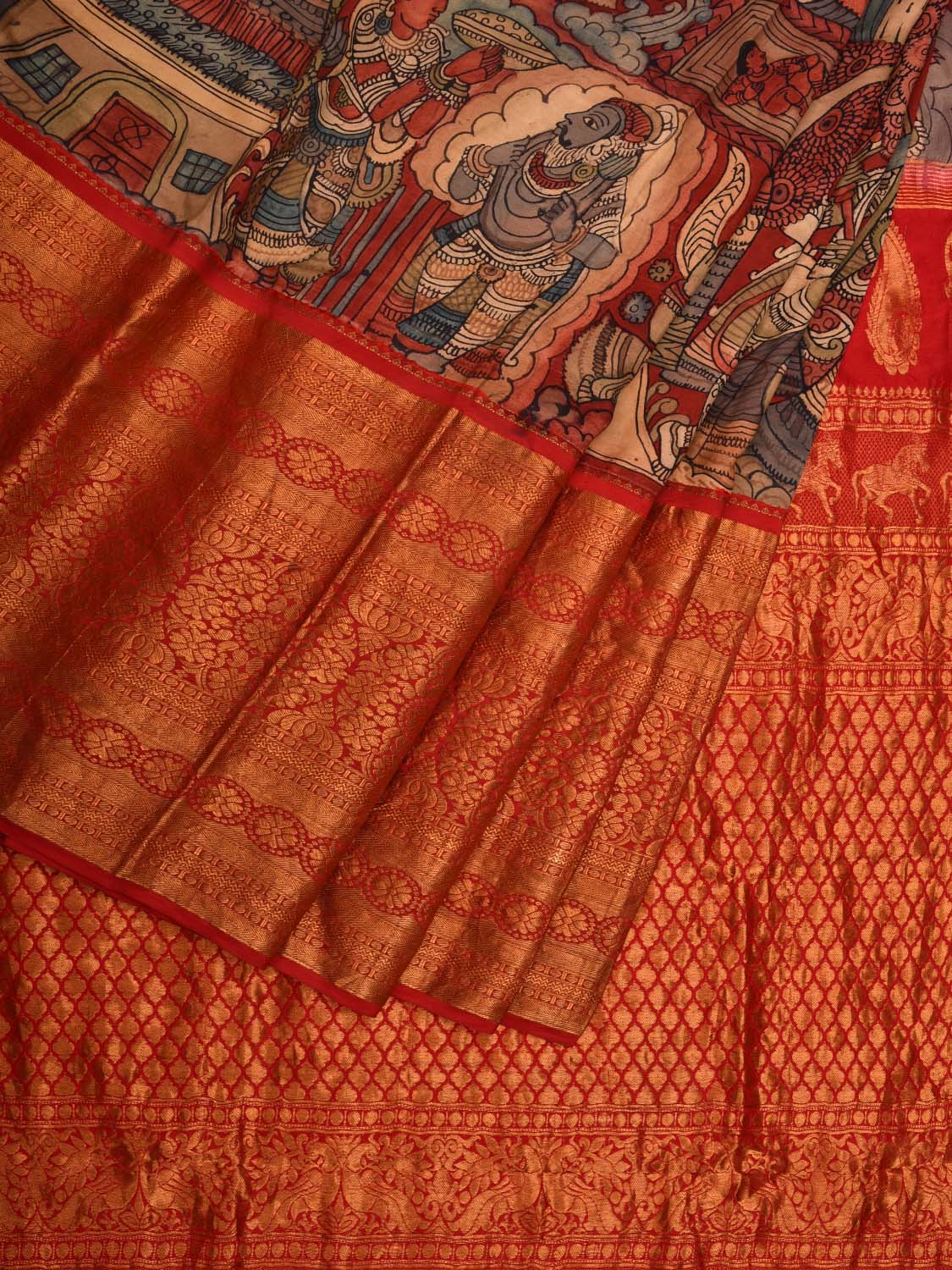 Red Kalamkari Hand Painted Kanchipuram Silk Handloom Saree with Ramayan Story Design KL0581