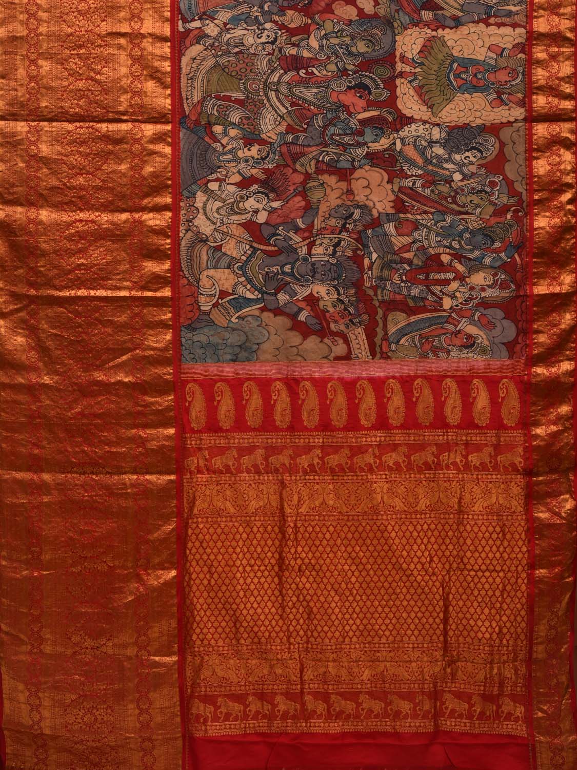 Red Kalamkari Hand Painted Kanchipuram Silk Handloom Saree with Ramayan Story Design KL0581