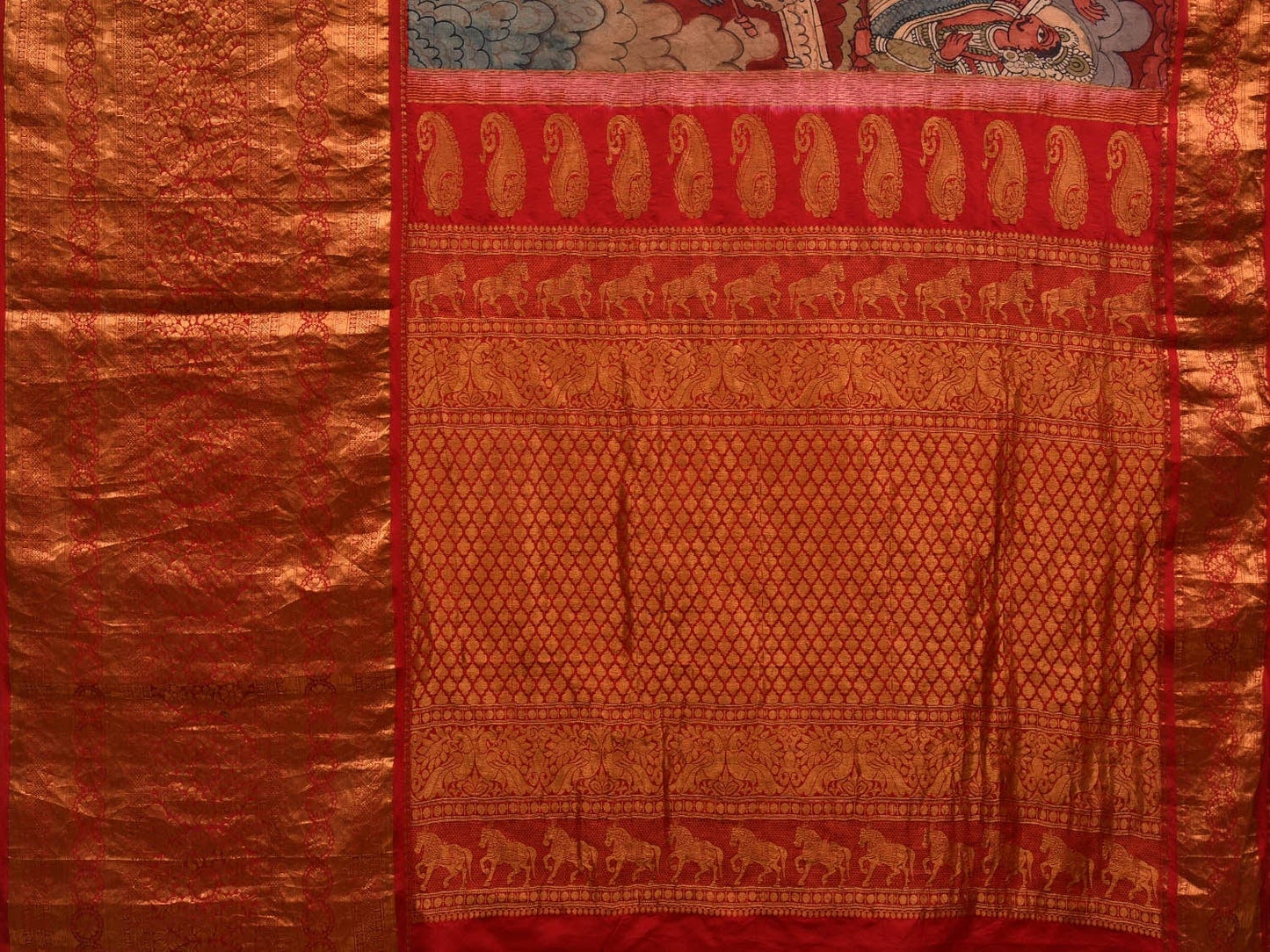 Red Kalamkari Hand Painted Kanchipuram Silk Handloom Saree with Ramayan Story Design KL0581