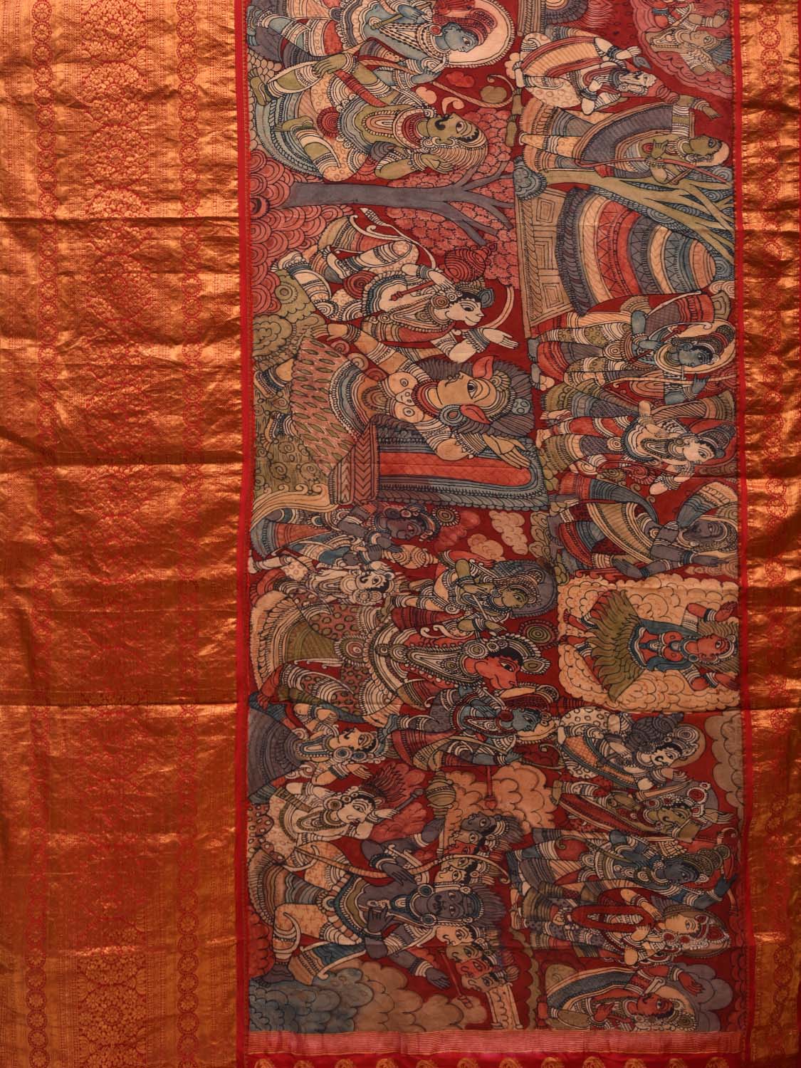 Red Kalamkari Hand Painted Kanchipuram Silk Handloom Saree with Ramayan Story Design KL0581