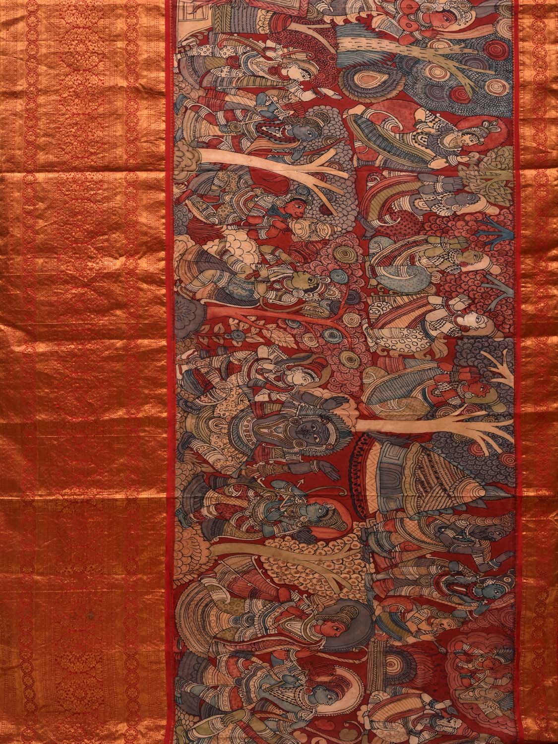 Red Kalamkari Hand Painted Kanchipuram Silk Handloom Saree with Ramayan Story Design KL0581