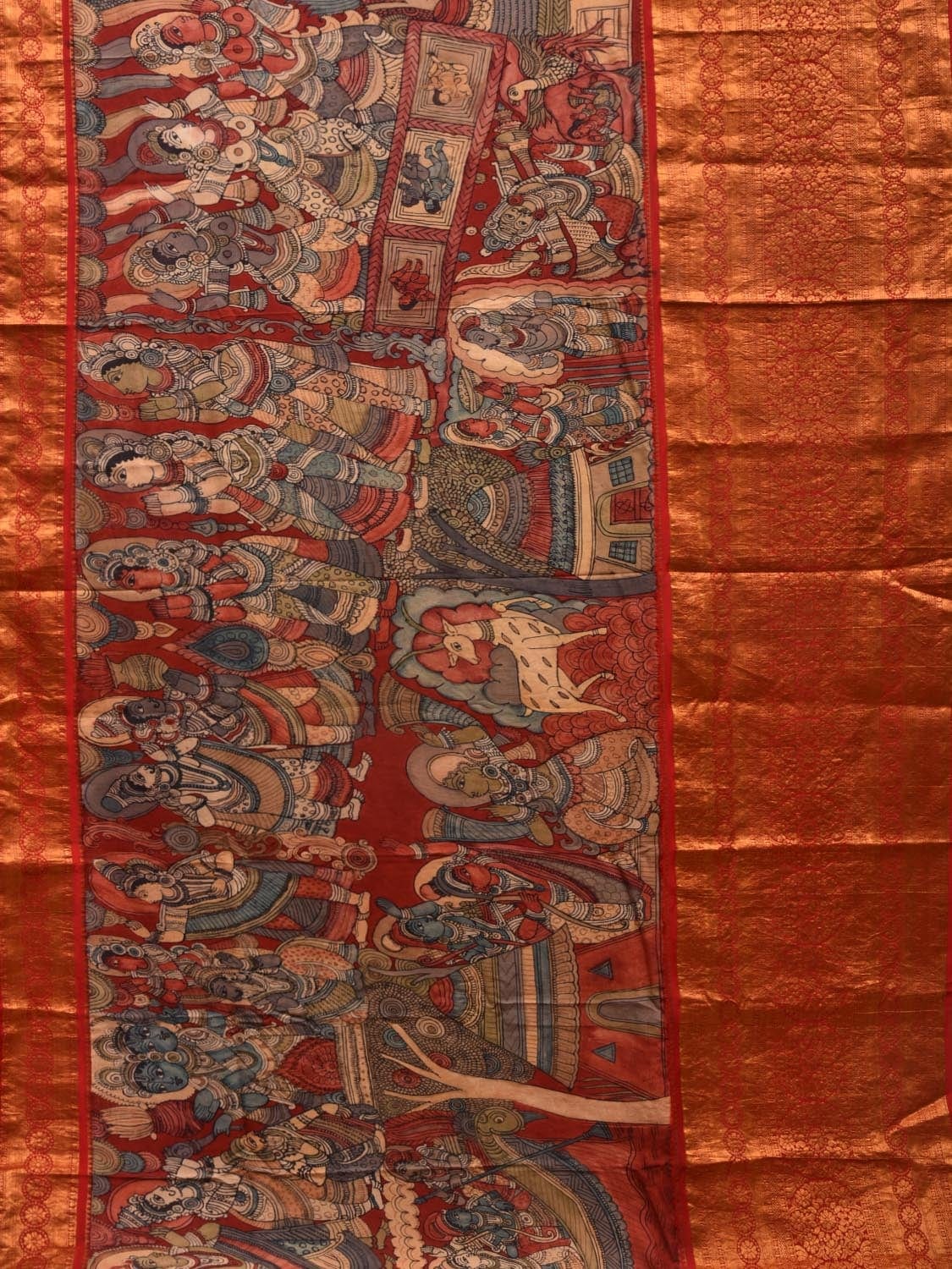 Red Kalamkari Hand Painted Kanchipuram Silk Handloom Saree with Ramayan Story Design KL0581