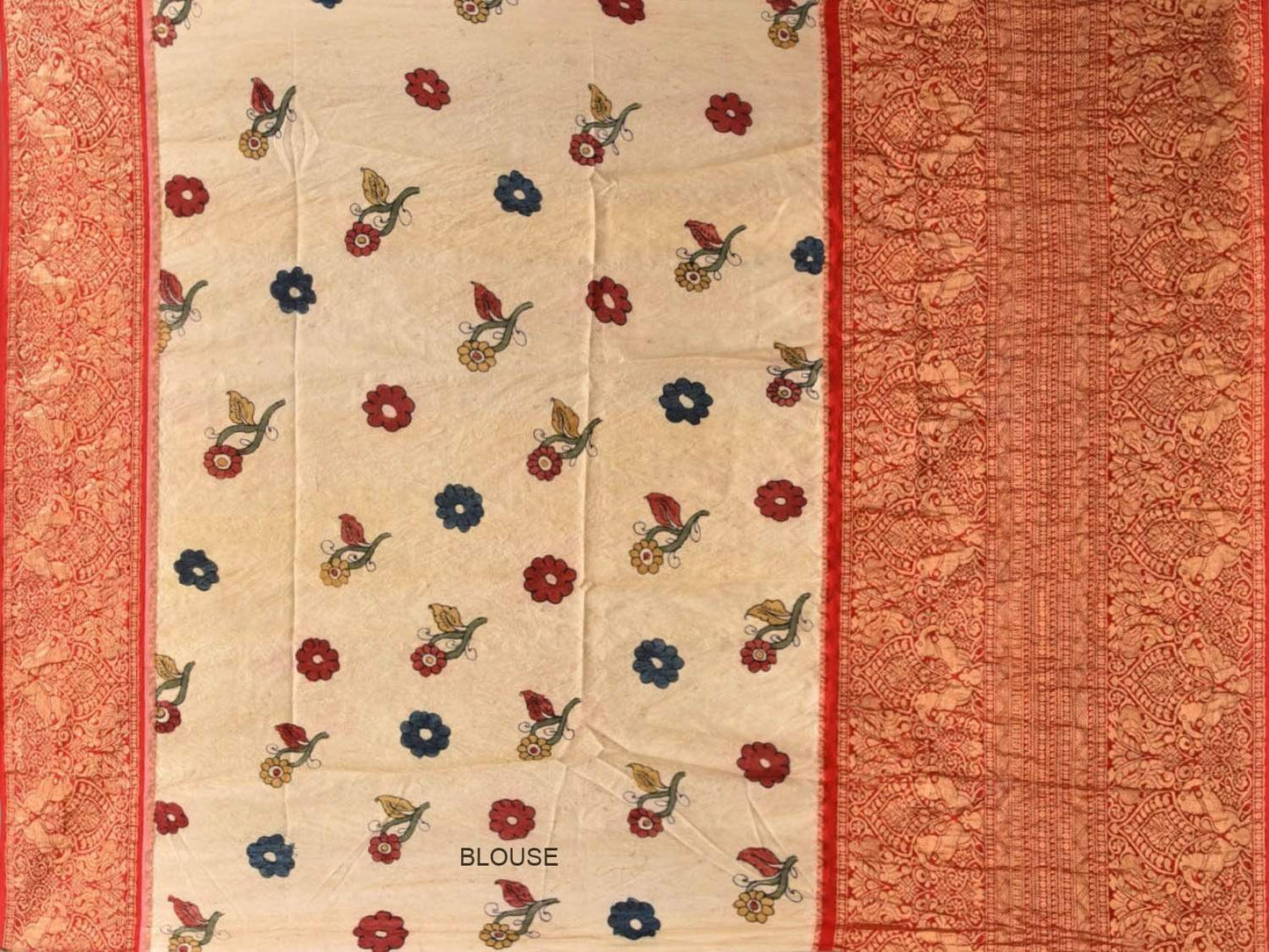 Red Kalamkari Hand Painted Kancipuram Silk Handloom Saree with Birds and Floral Design KL0462