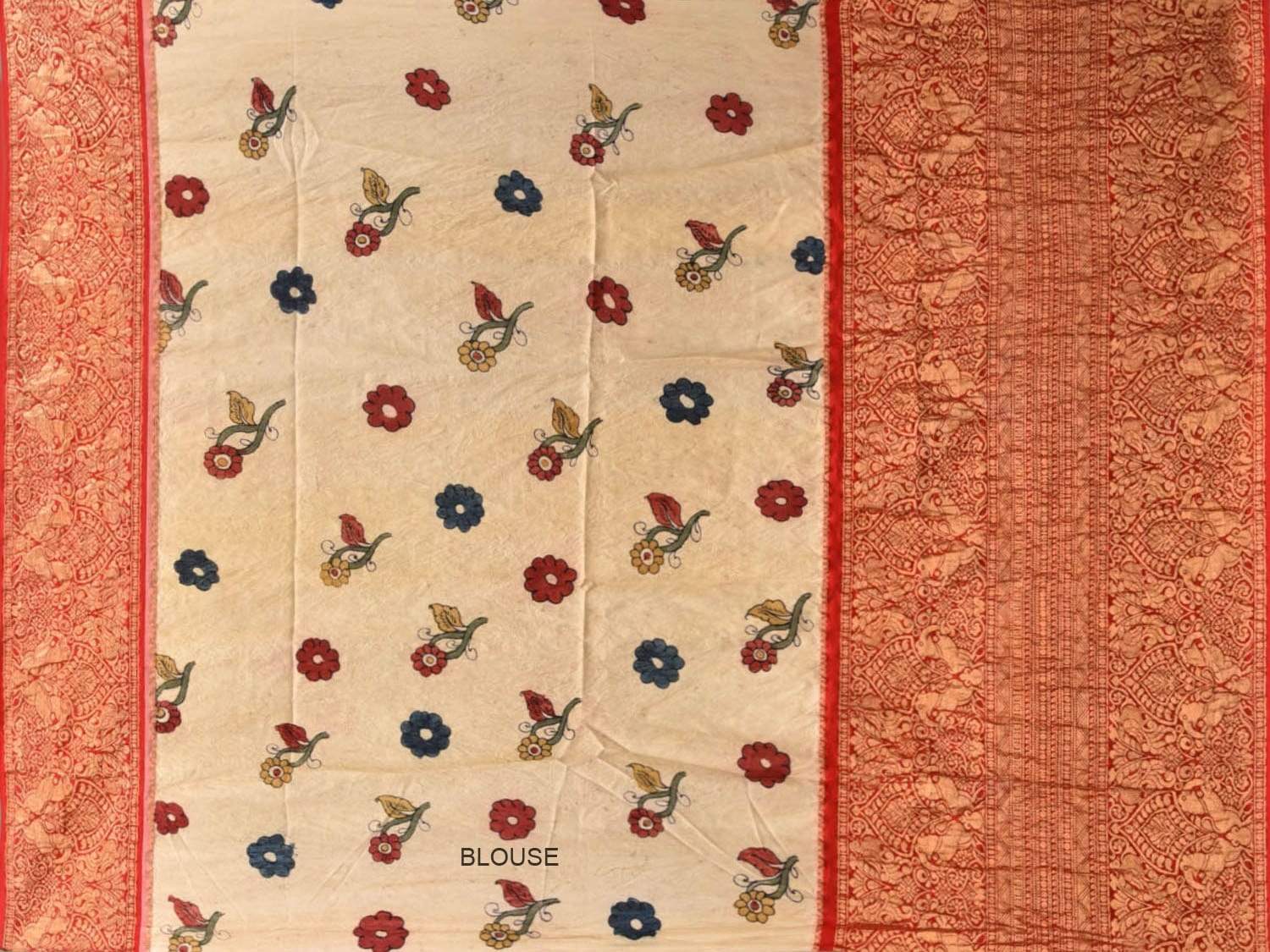 Red Kalamkari Hand Painted Kancipuram Silk Handloom Saree with Birds and Floral Design KL0462