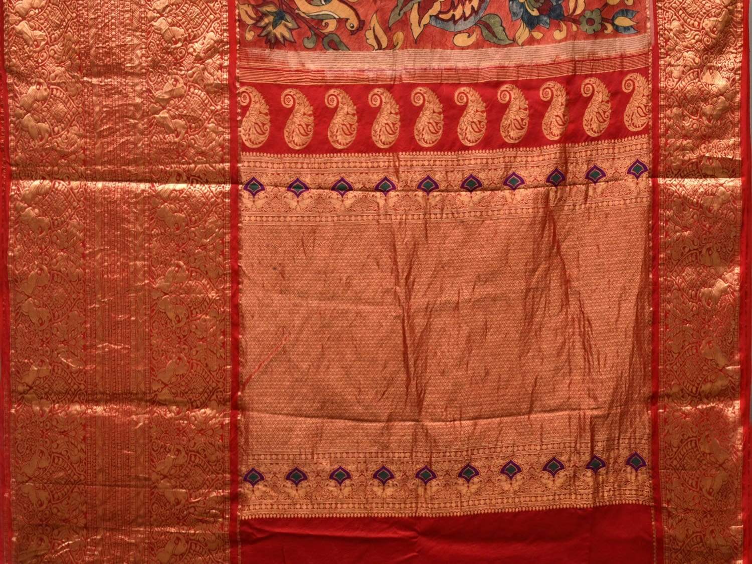 Red Kalamkari Hand Painted Kancipuram Silk Handloom Saree with Birds and Floral Design KL0462