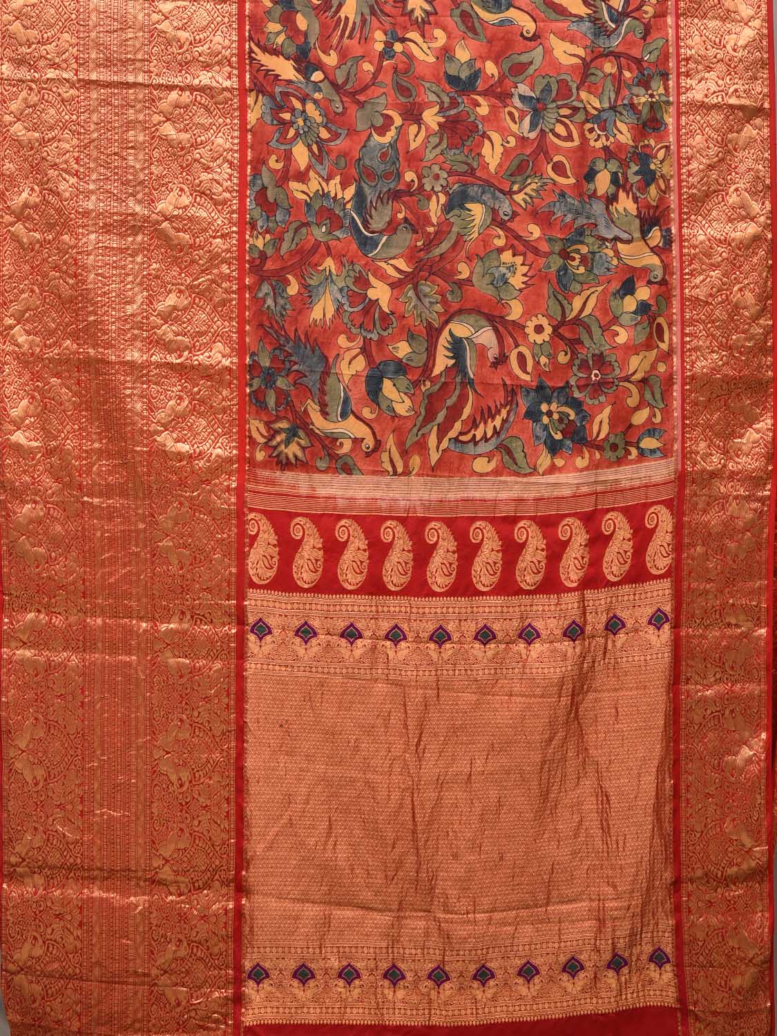 Red Kalamkari Hand Painted Kancipuram Silk Handloom Saree with Birds and Floral Design KL0462