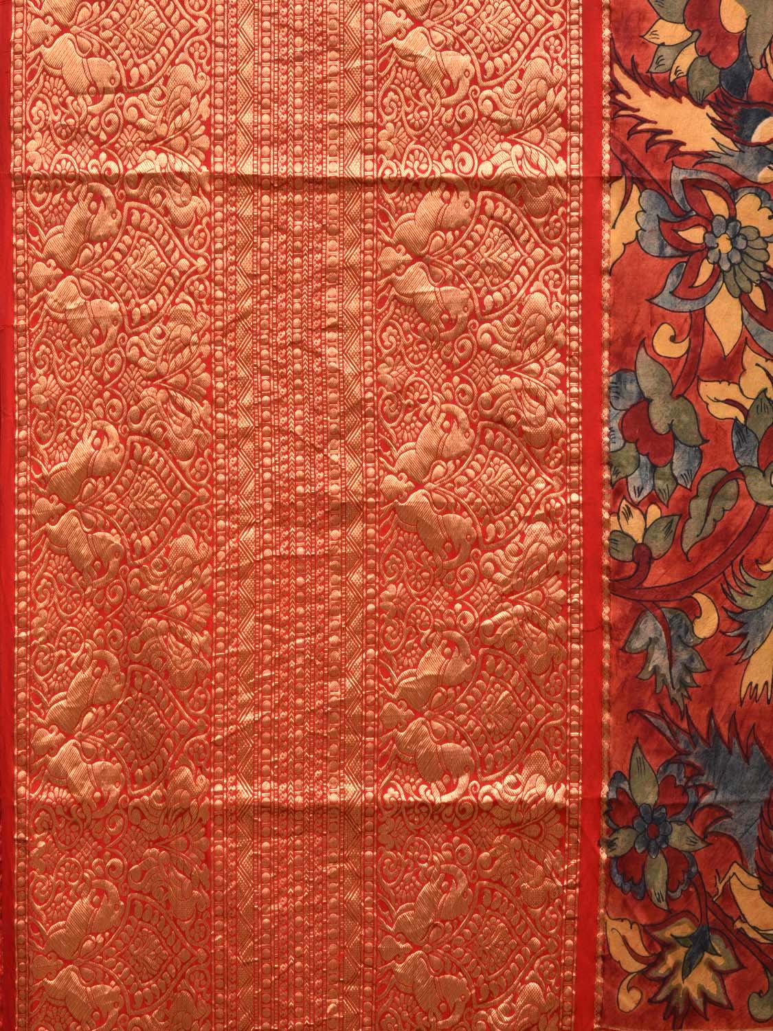 Red Kalamkari Hand Painted Kancipuram Silk Handloom Saree with Birds and Floral Design KL0462