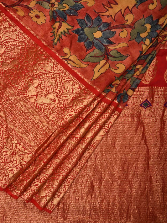 Red Kalamkari Hand Painted Kancipuram Silk Handloom Saree with Birds and Floral Design KL0462