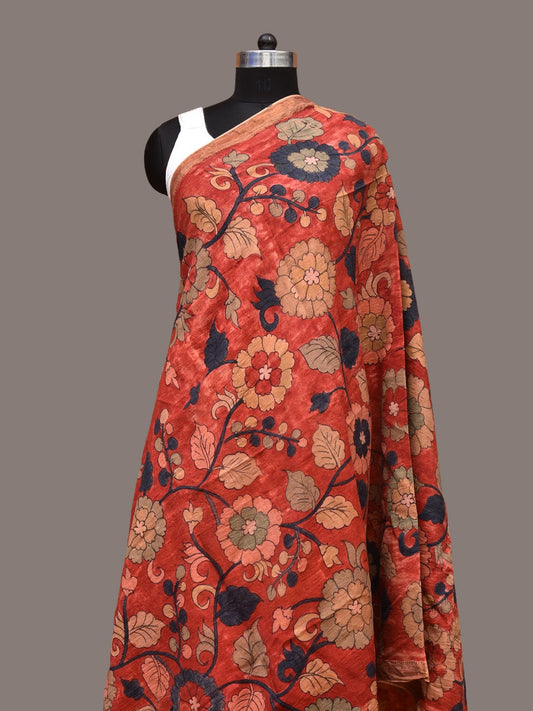 Red Kalamkari Hand Painted Muga Silk Dupatta with Floral Design ds3336
