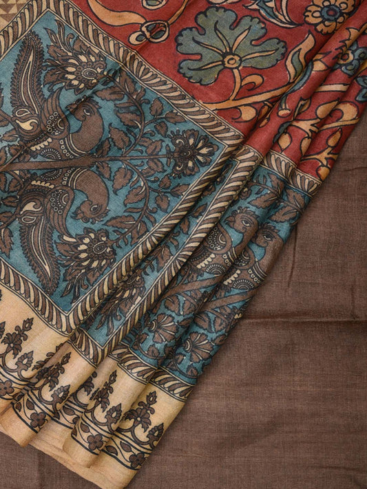 Red Kalamkari Hand Painted on Printed Tussar Saree with Floral Design KL0474