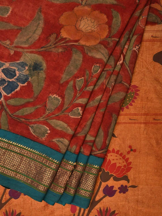 Red Kalamkari Hand Painted Paithani Silk Handloom Saree Floral Design KL0485