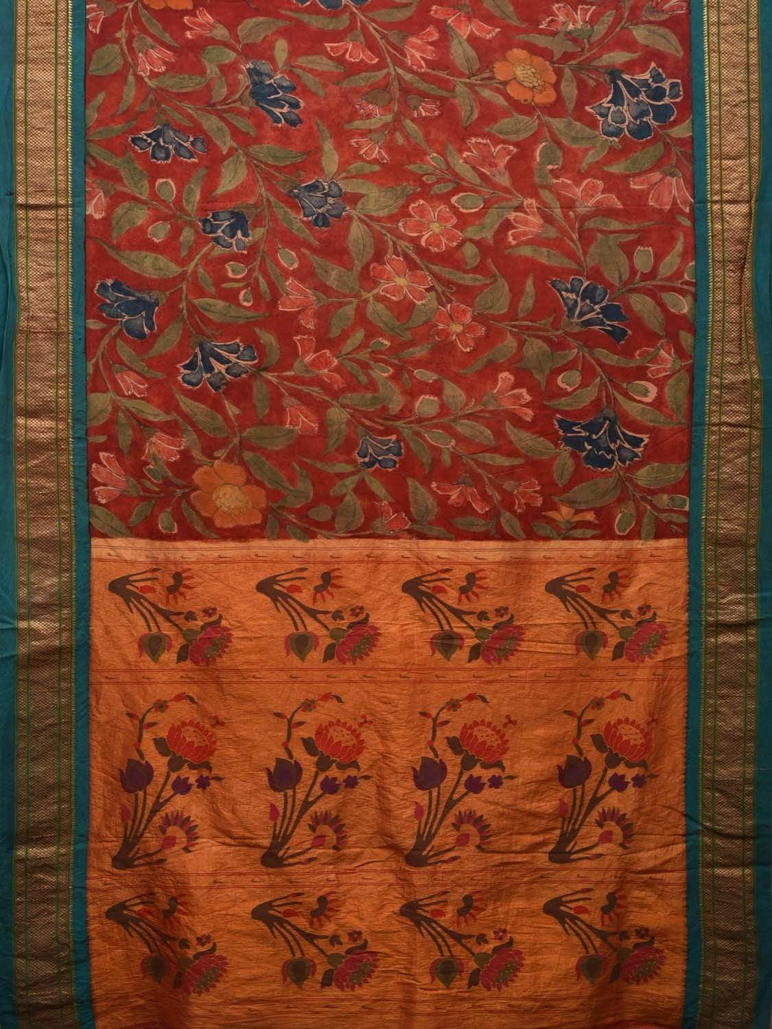 Red Kalamkari Hand Painted Paithani Silk Handloom Saree Floral Design KL0485