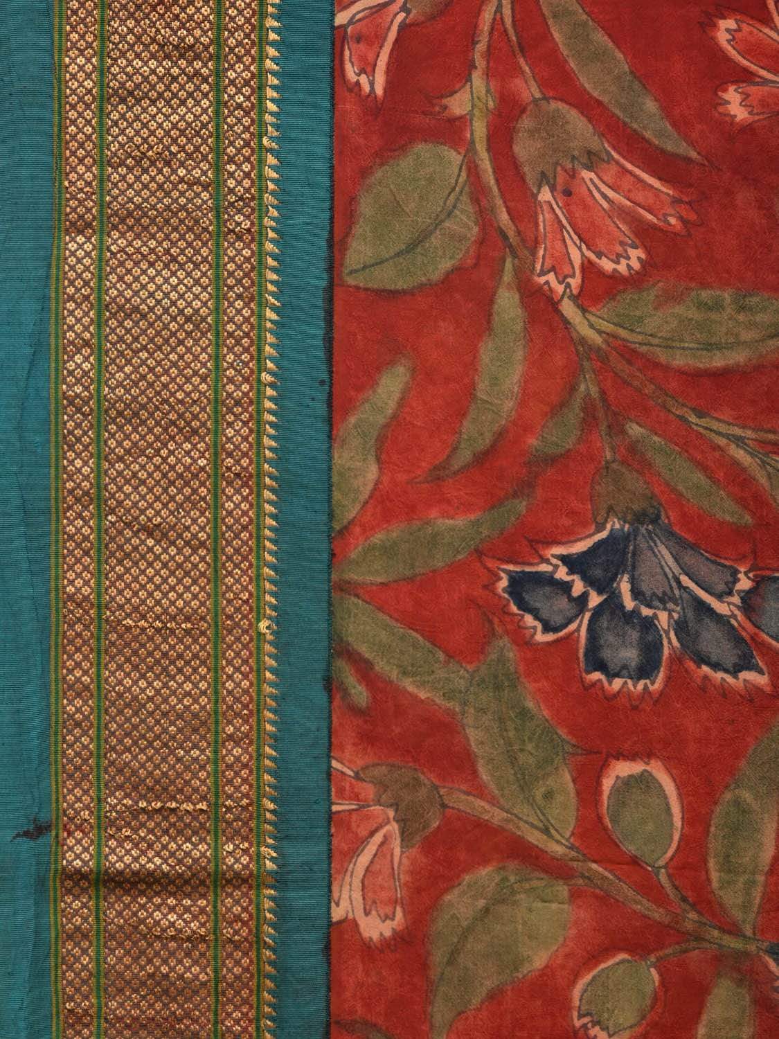 Red Kalamkari Hand Painted Paithani Silk Handloom Saree Floral Design KL0485
