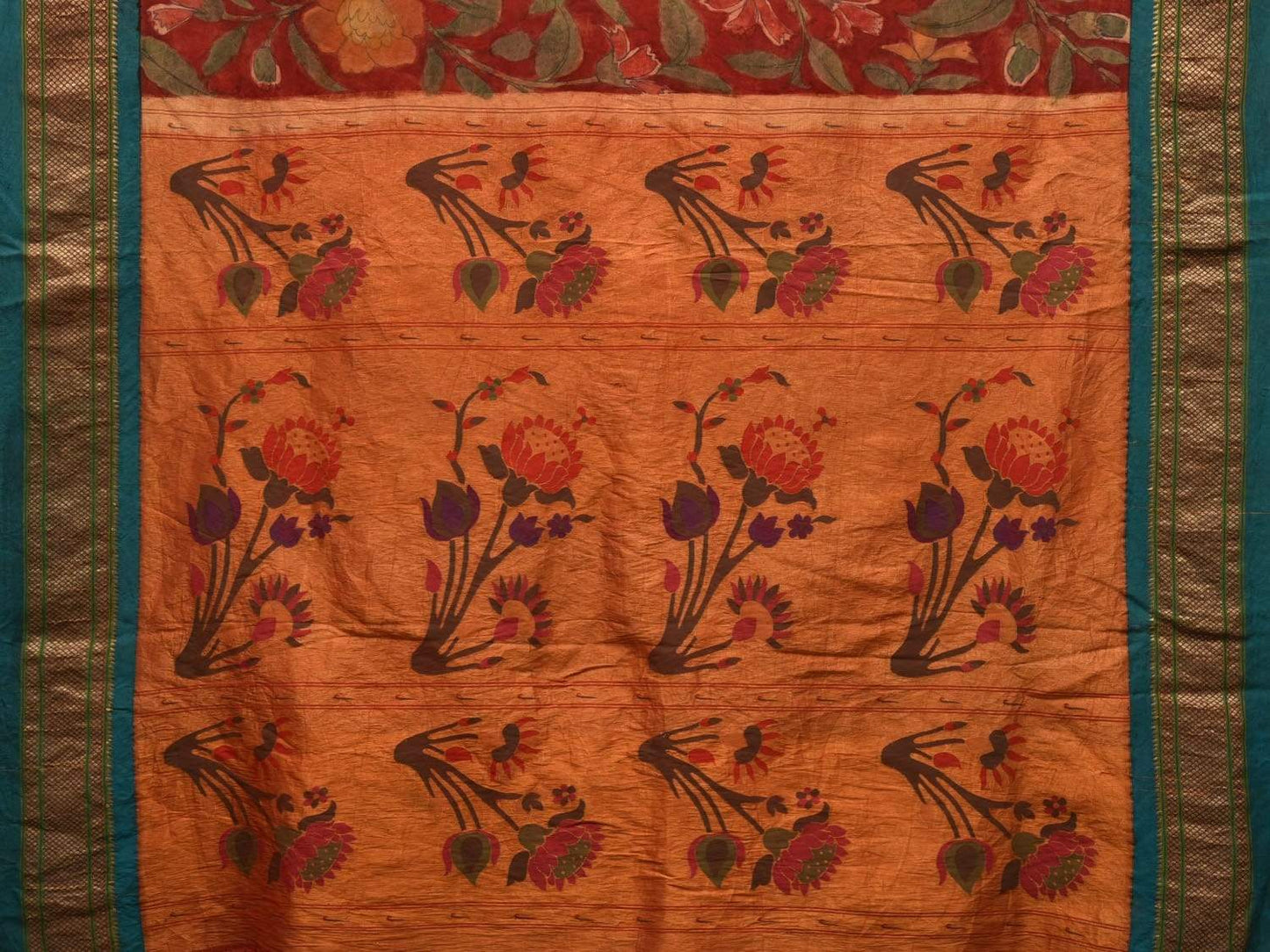 Red Kalamkari Hand Painted Paithani Silk Handloom Saree Floral Design KL0485
