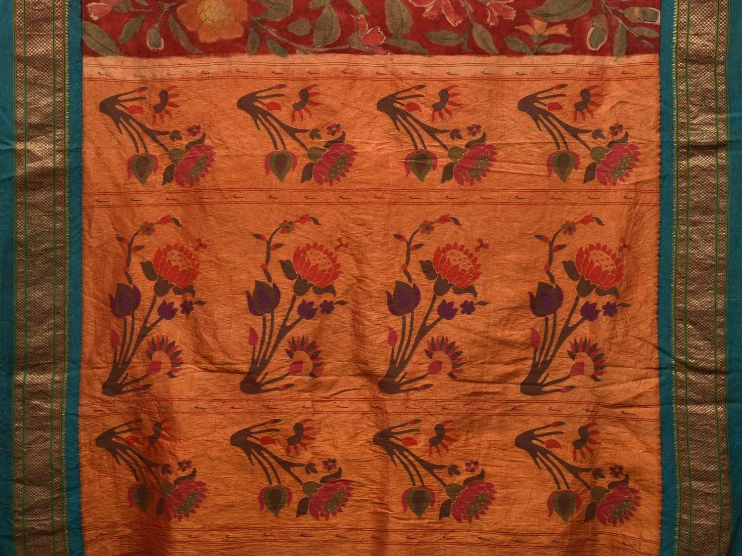 Red Kalamkari Hand Painted Paithani Silk Handloom Saree Floral Design KL0485