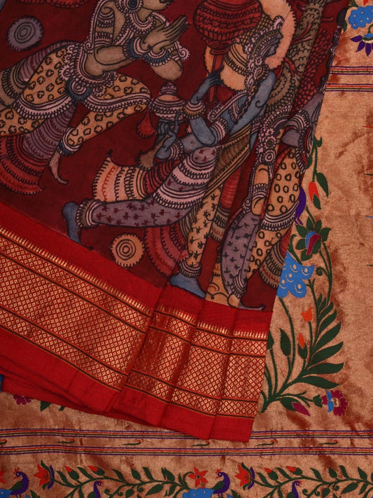 Red Kalamkari Hand Painted Paithani Silk Handloom Saree with Dashavatar Design KL0582