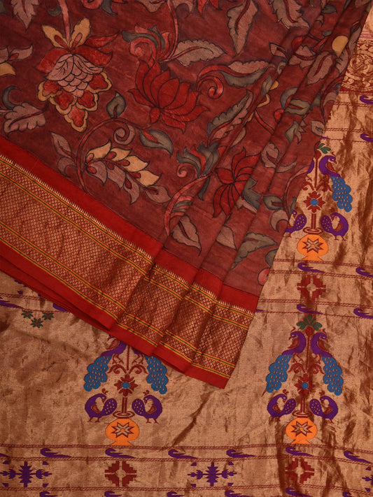 Red Kalamkari Hand Painted Paithani Silk Handloom Saree with Floral Design KL0706