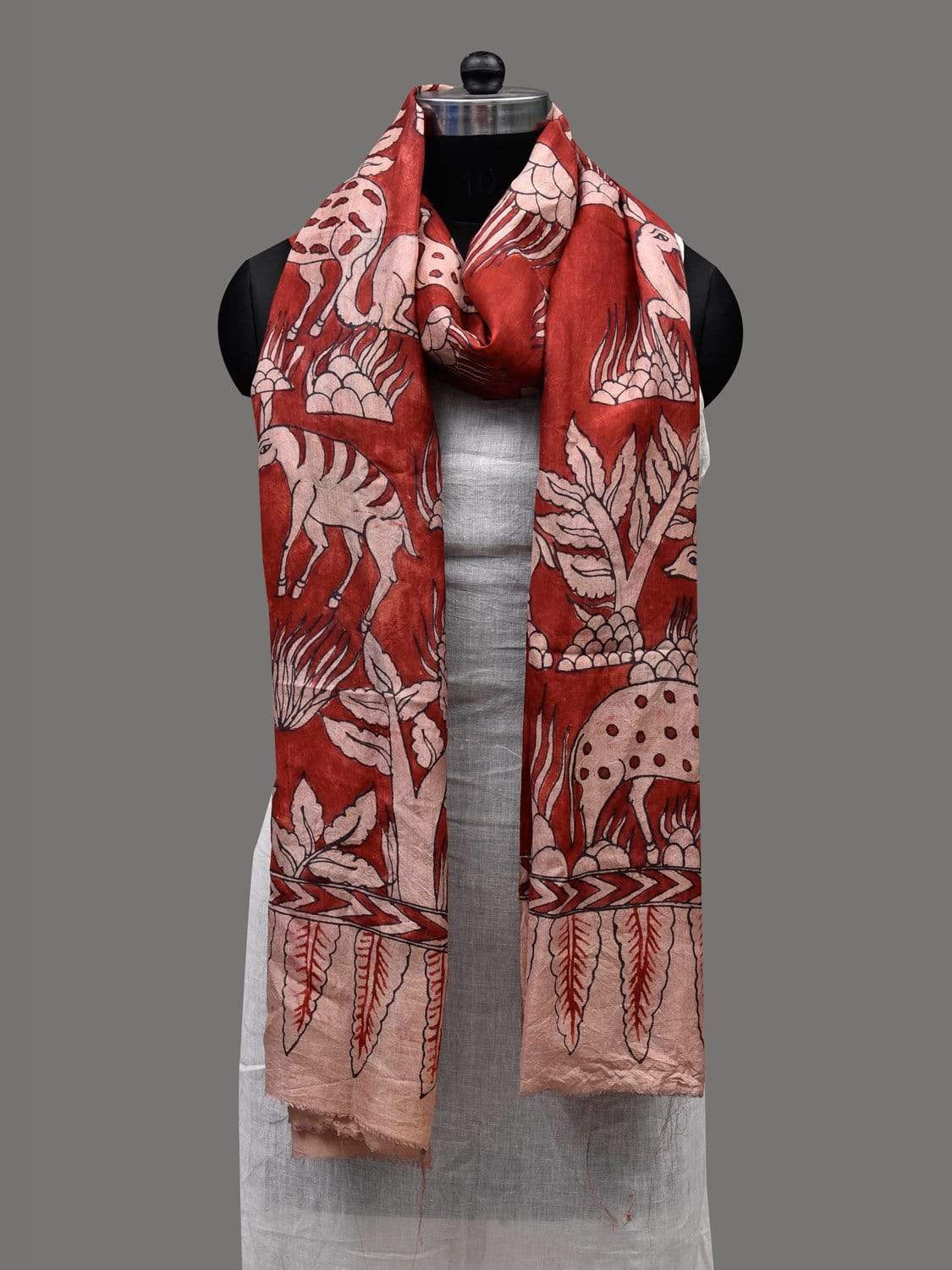 Red Kalamkari Hand Painted Silk Handloom Dupatta with Animals Design ds2410