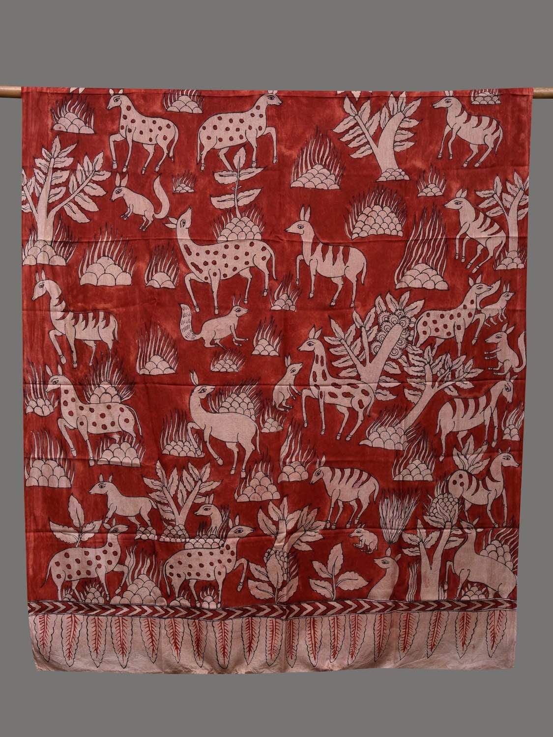 Red Kalamkari Hand Painted Silk Handloom Dupatta with Animals Design ds2410