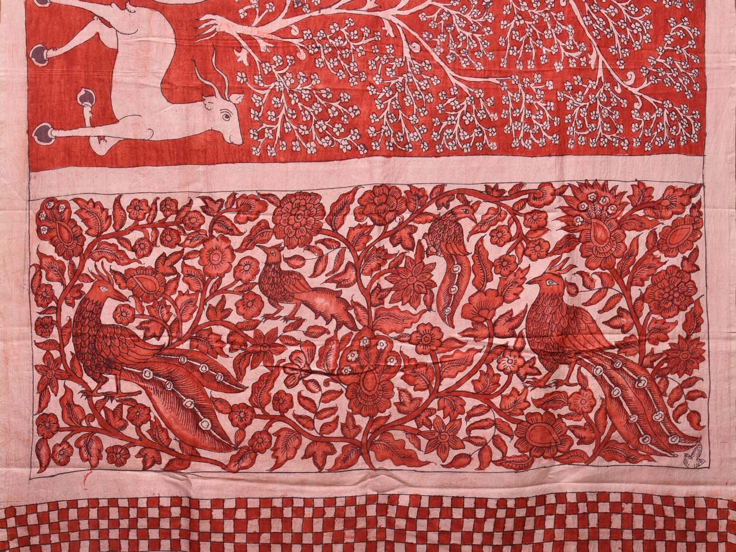 Red Kalamkari Hand Painted Silk Handloom Saree with Deer Border and Birds Pallu Design KL0743