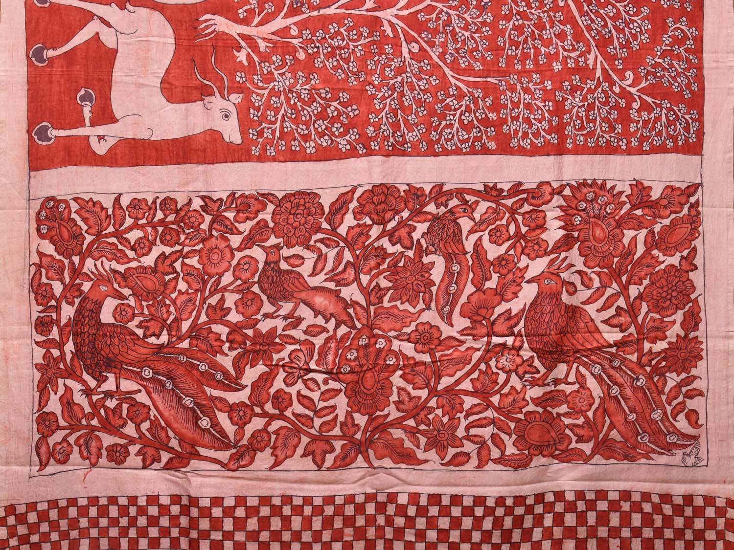 Red Kalamkari Hand Painted Silk Handloom Saree with Deer Border and Birds Pallu Design KL0743