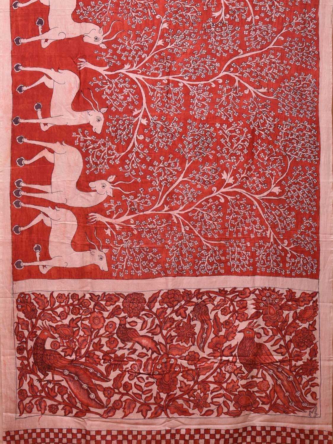 Red Kalamkari Hand Painted Silk Handloom Saree with Deer Border and Birds Pallu Design KL0743