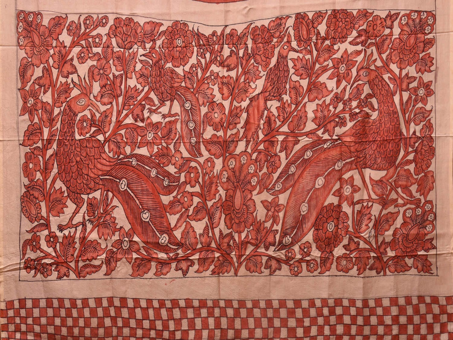 Red Kalamkari Hand Painted Silk Handloom Saree with Deer Border and Birds Pallu Design KL0750