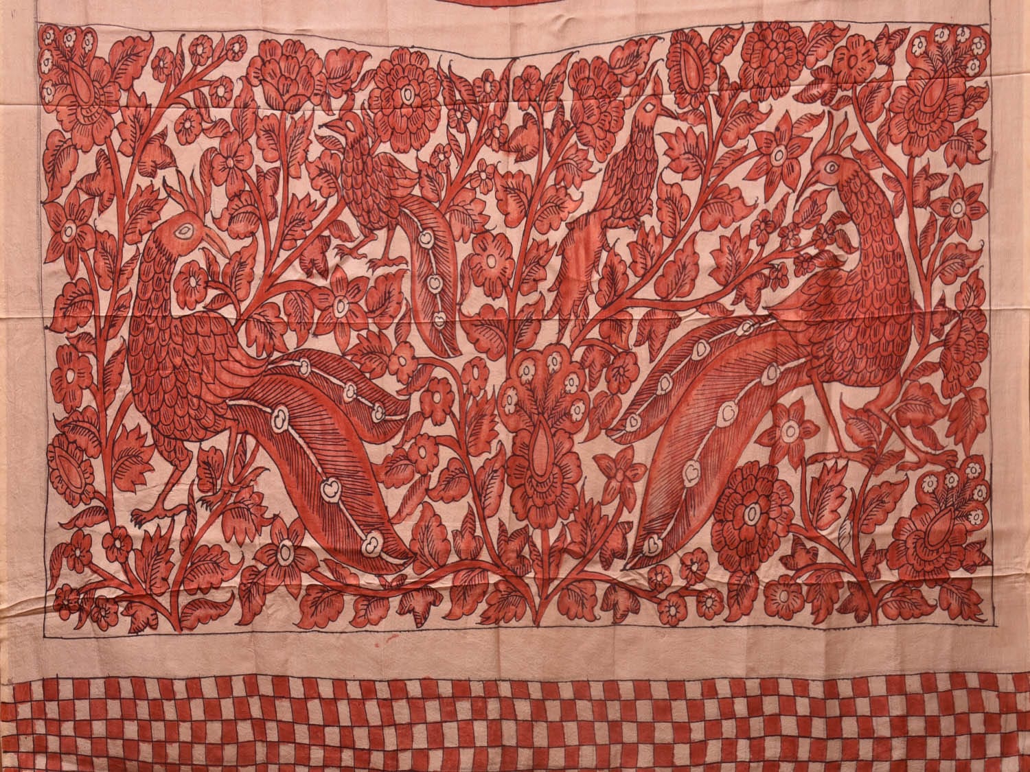 Red Kalamkari Hand Painted Silk Handloom Saree with Deer Border and Birds Pallu Design KL0750