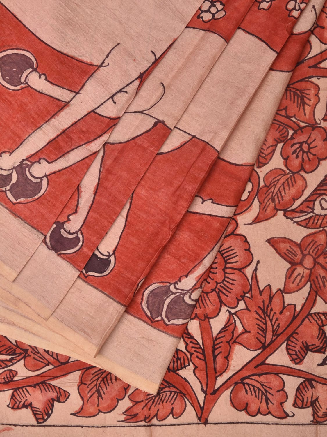 Red Kalamkari Hand Painted Silk Handloom Saree with Deer Border and Birds Pallu Design KL0750
