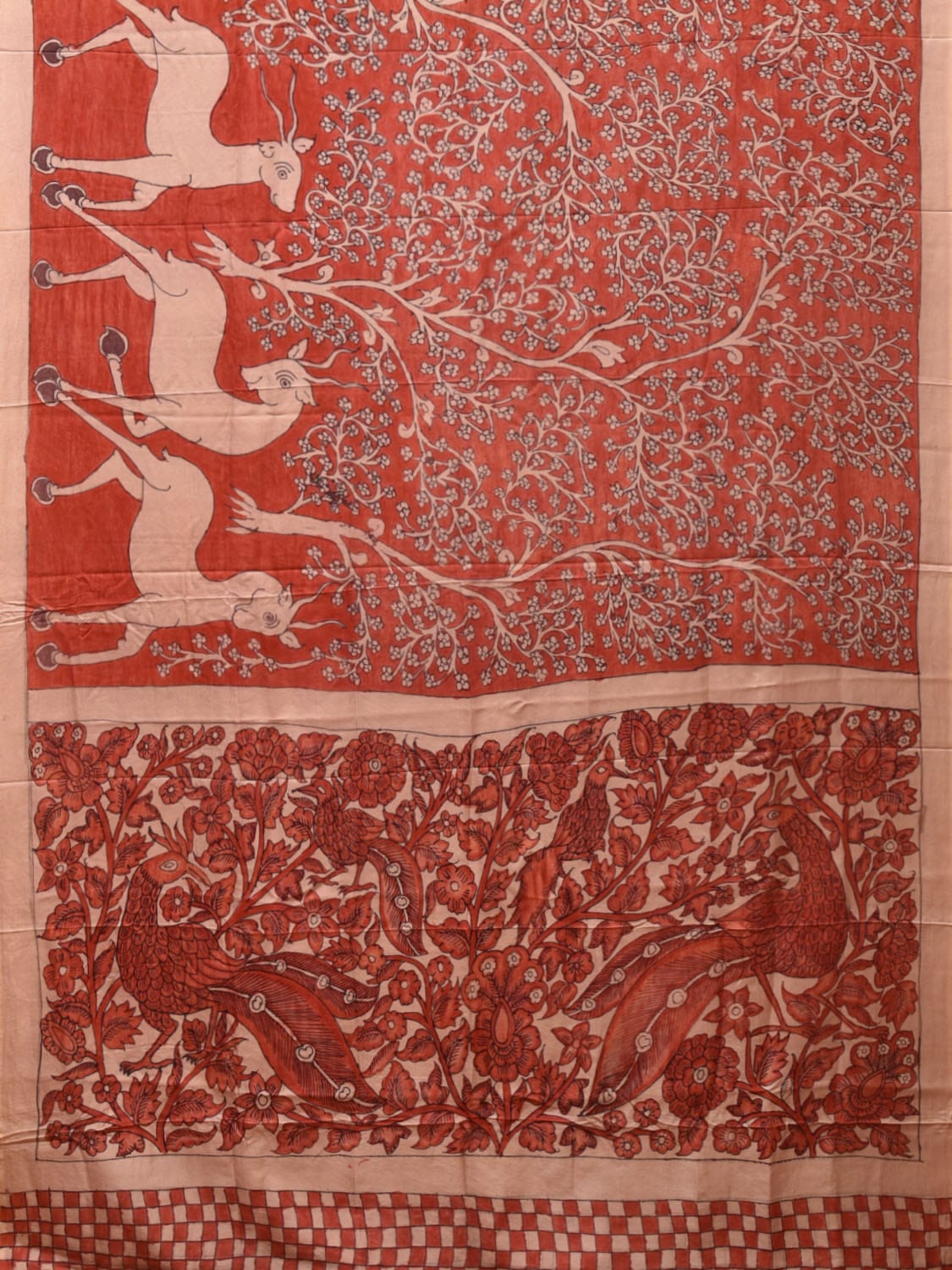 Red Kalamkari Hand Painted Silk Handloom Saree with Deer Border and Birds Pallu Design KL0750