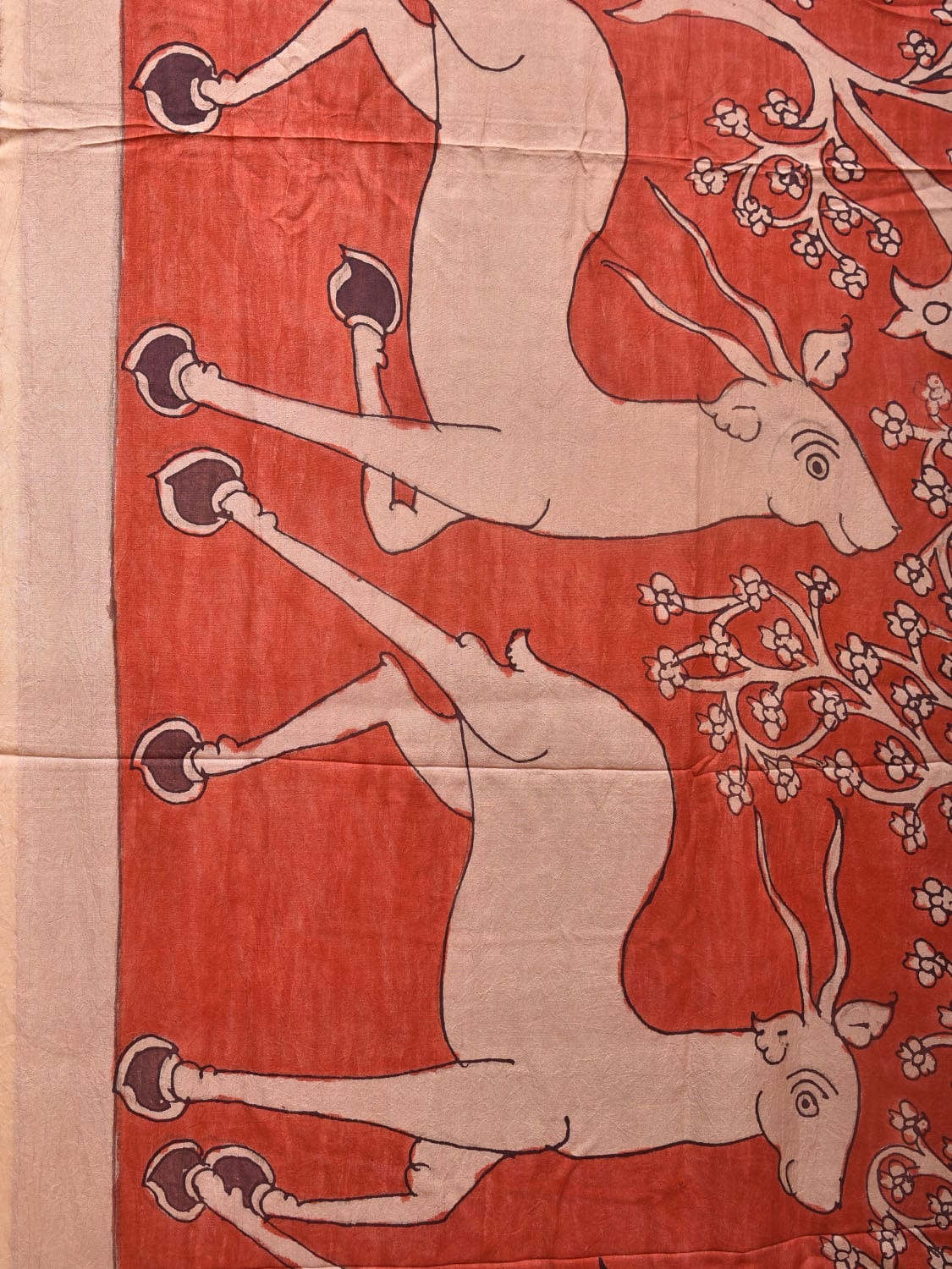 Red Kalamkari Hand Painted Silk Handloom Saree with Deer Border and Birds Pallu Design KL0750